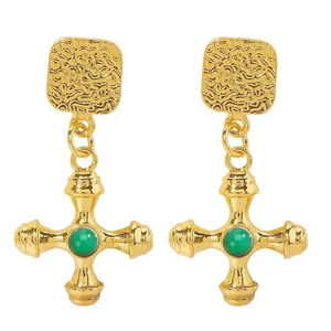 Taya 18KGold Plated Stainless Steel Waterproof Green Onyx Stone Cross Earrings